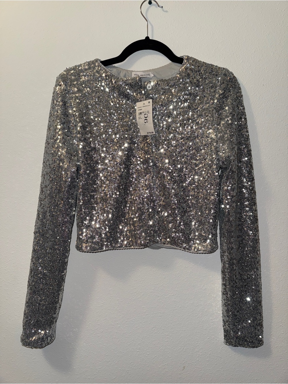 Good American Silver Sequin crop long sleeve jacket